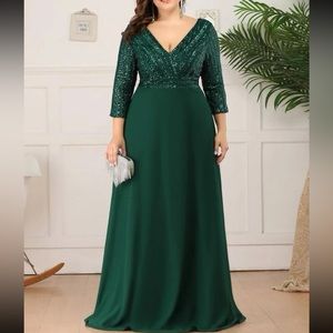 Blue Plus Size Elegant V-Neck Sequins Evening Dress